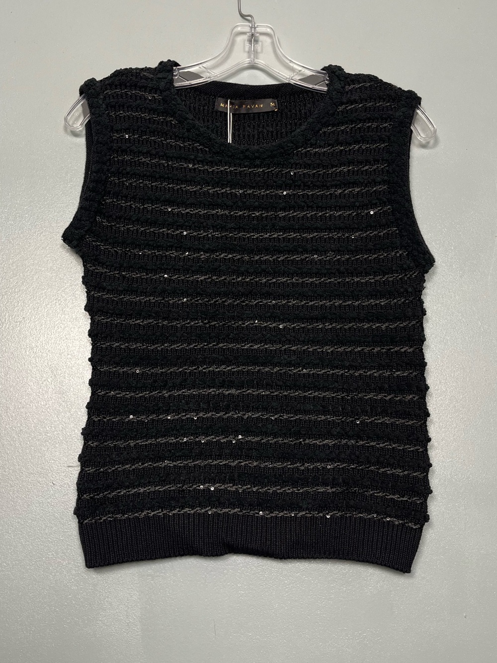 Maria Pavan Black Sleeveless Chunky Knit Vest Top Black Sequin Women’s Size M